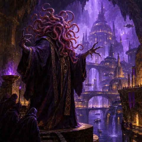 Painting: a robed psionic horror with a head of writhing tentacles in a purple-lit underground city.