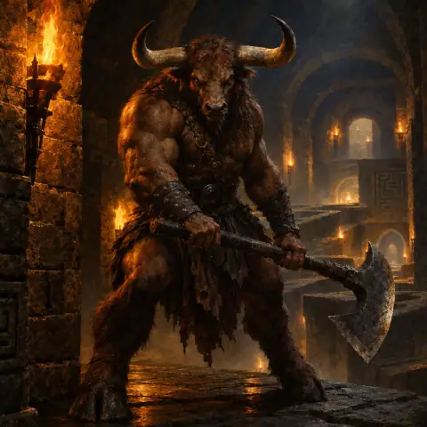 Painting: a minotaur with a great axe in the torchlit heart of a stone labyrinth.