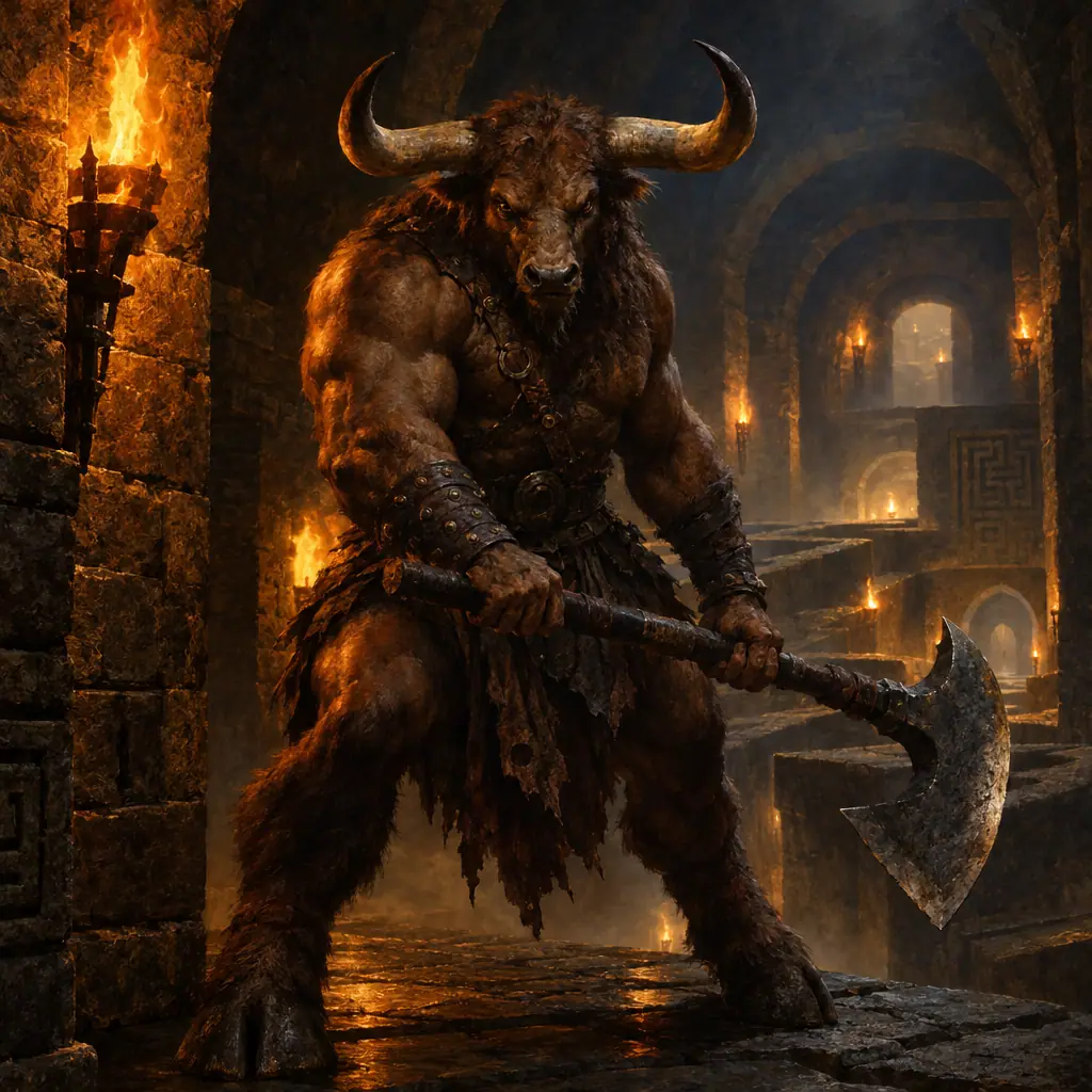 Painting: a minotaur with a great axe in the torchlit heart of a stone labyrinth.