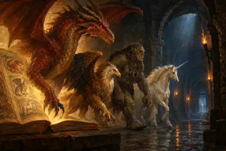 Painting: a procession of mythical beasts, a dragon, a griffin, a troll, a unicorn, walking out of an old bestiary manuscript into a dungeon.