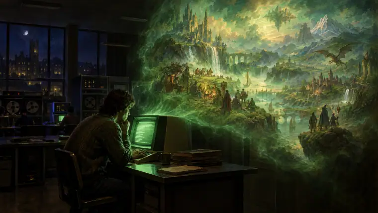 Painting: a 1978 university computer room at night, a single glowing text terminal.