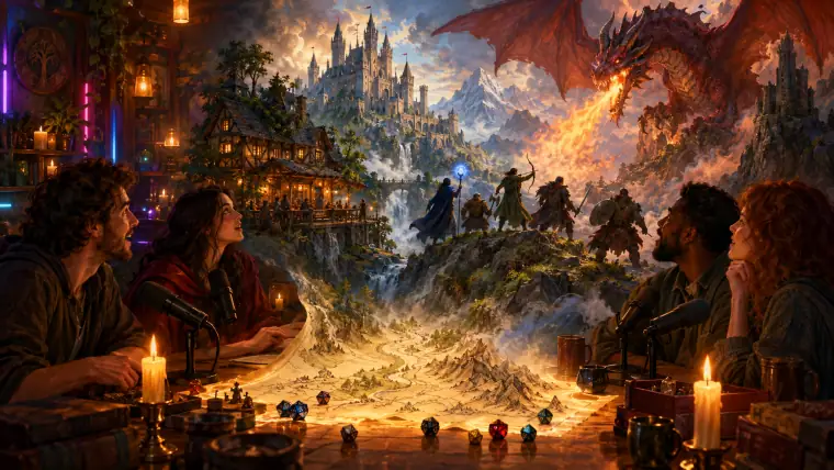 Painting: friends around a glowing game table with microphones and dice, their hand-drawn map rising up into a full fantasy landscape of a tavern.