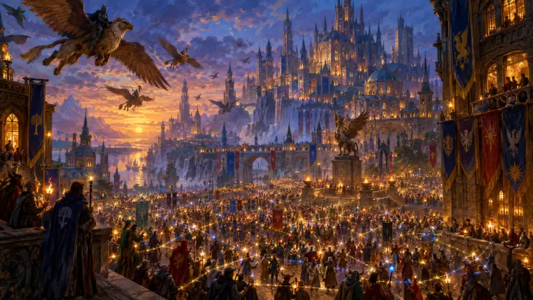Painting: thousands of tiny glowing adventurers gathered in the plaza of a vast fantasy capital city at dusk, threads of light connecting them like a network.