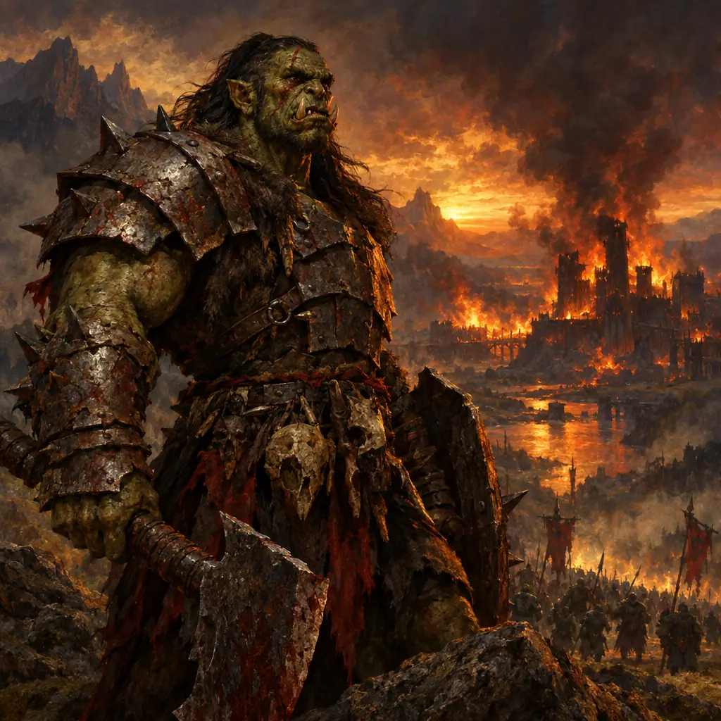 Painting: a war-scarred orc warrior with tusks in crude iron armor before a burning horizon.