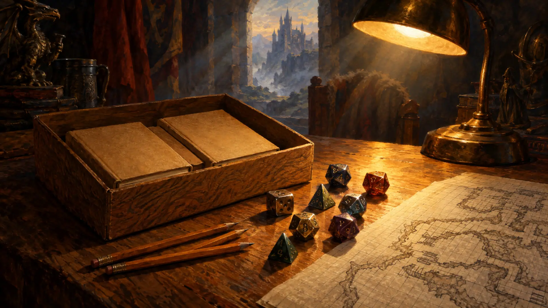 Painting: three small plain tan rulebooks in a wood-grain cardboard box beside strange new polyhedral dice, pencils and a graph-paper dungeon map.
