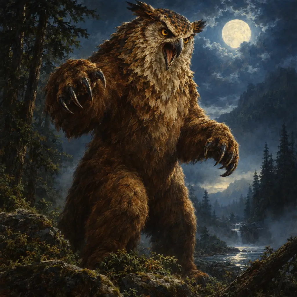 Painting: a ferocious owlbear, a bear's body with an owl's feathered head and hooked beak, rearing up in a moonlit forest clearing.