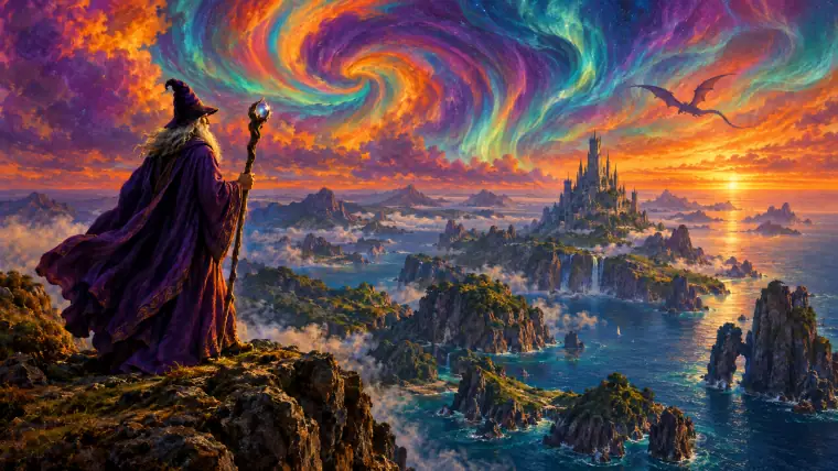 Painting: a robed wizard on a sea cliff above a vast island archipelago under swirling psychedelic aurora skies, a dragon silhouetted far away.