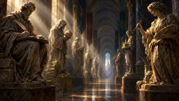Painting: a long hall of weathered marble statues of anonymous robed makers, writers with quills, designers with dice, artists with brushes.