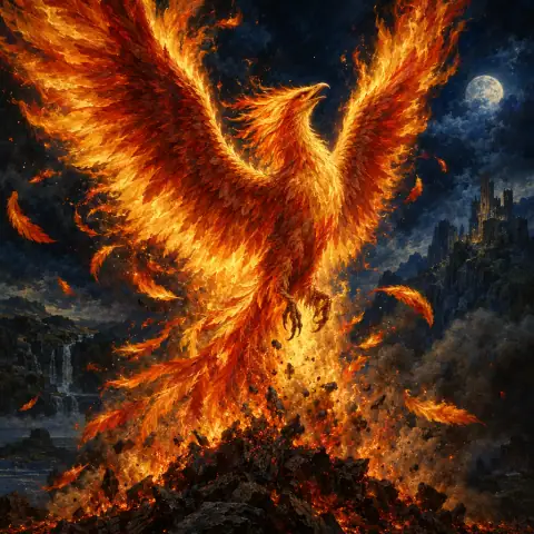 Painting: a phoenix rising from ashes in an explosion of flame feathers against a night sky.