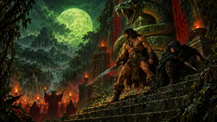 Painting: a muscular barbarian swordsman and a cloaked thief on the steps of a sinister jungle temple under a huge sickly green moon.