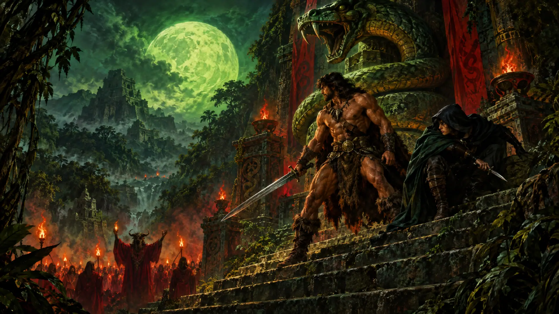 Painting: a muscular barbarian swordsman and a cloaked thief on the steps of a sinister jungle temple under a huge sickly green moon.