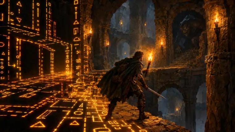 Painting: a dungeon built from glowing amber terminal symbols on a black screen.