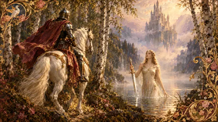 Painting: an armored knight on a white horse entering an enchanted forest of silver birches where a slender castle floats in morning mist.