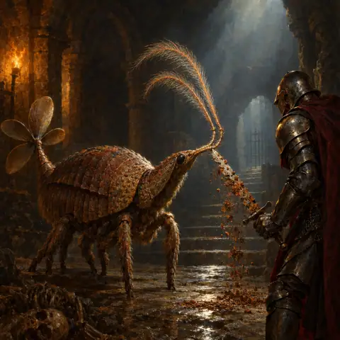 Painting: a strange insect-like armadillo creature with a propeller-shaped tail and long feathery antennae touching a knight's sword.