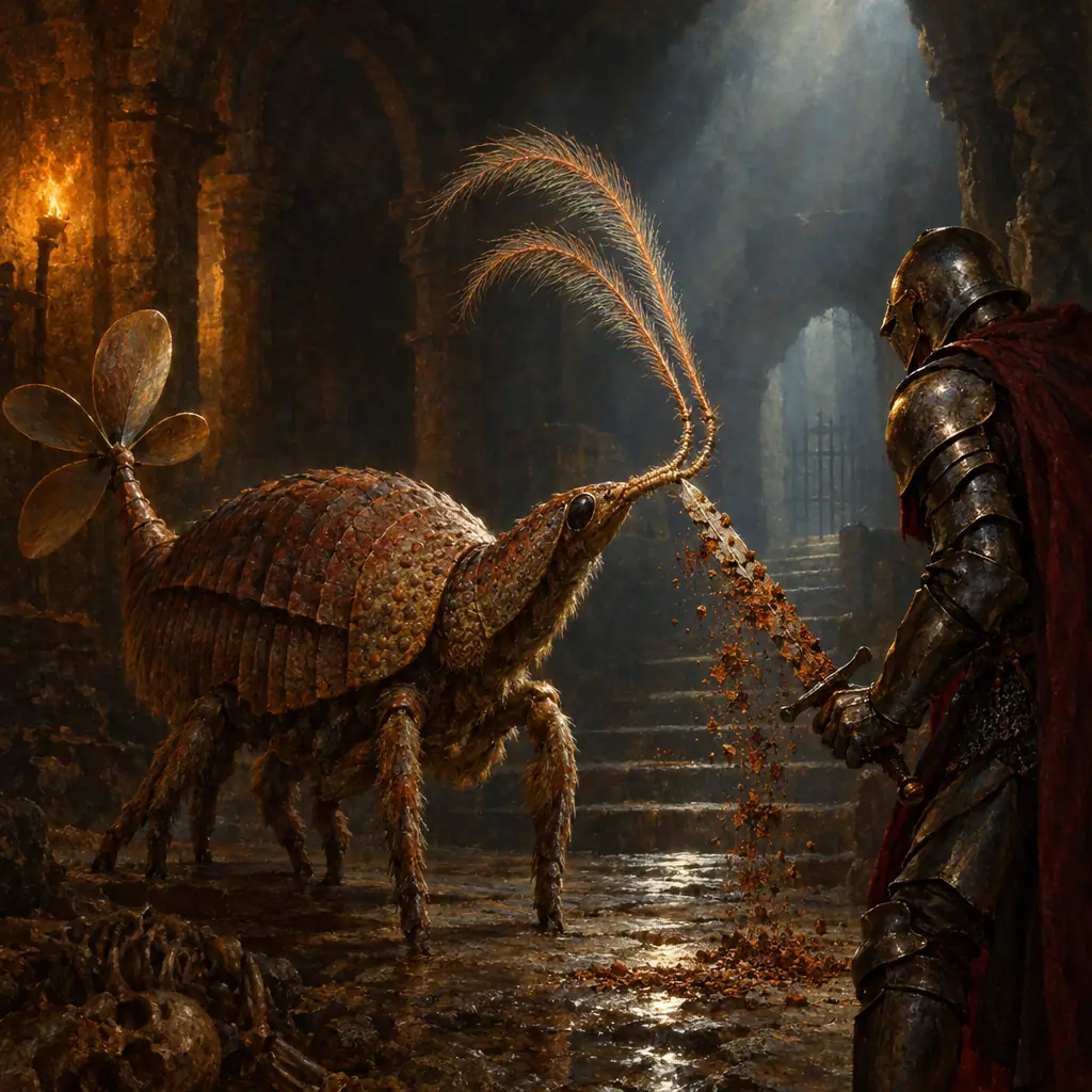 Painting: a strange insect-like armadillo creature with a propeller-shaped tail and long feathery antennae touching a knight's sword.