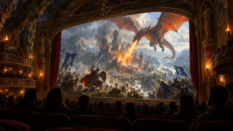 Painting: an ornate old cinema carved into a mountainside where the silver screen is a real window onto a vast fantasy battle between knights and a dragon.