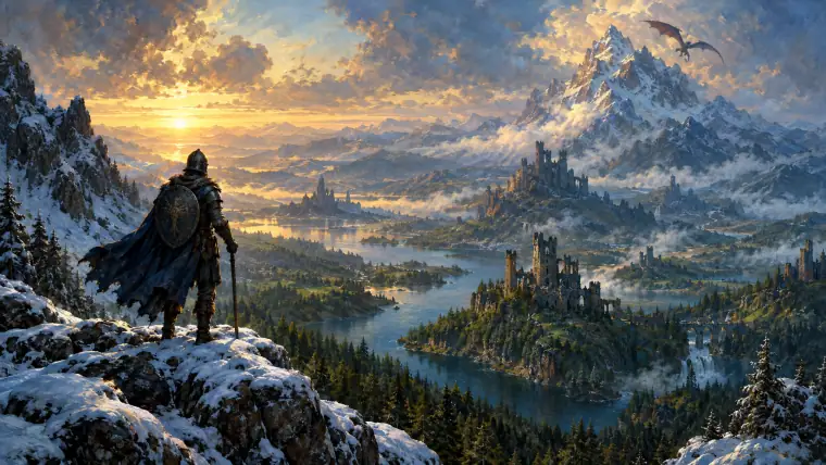 Painting: a lone armored traveler on a snowy mountain ridge overlooking an immense open world of forests, lakes.