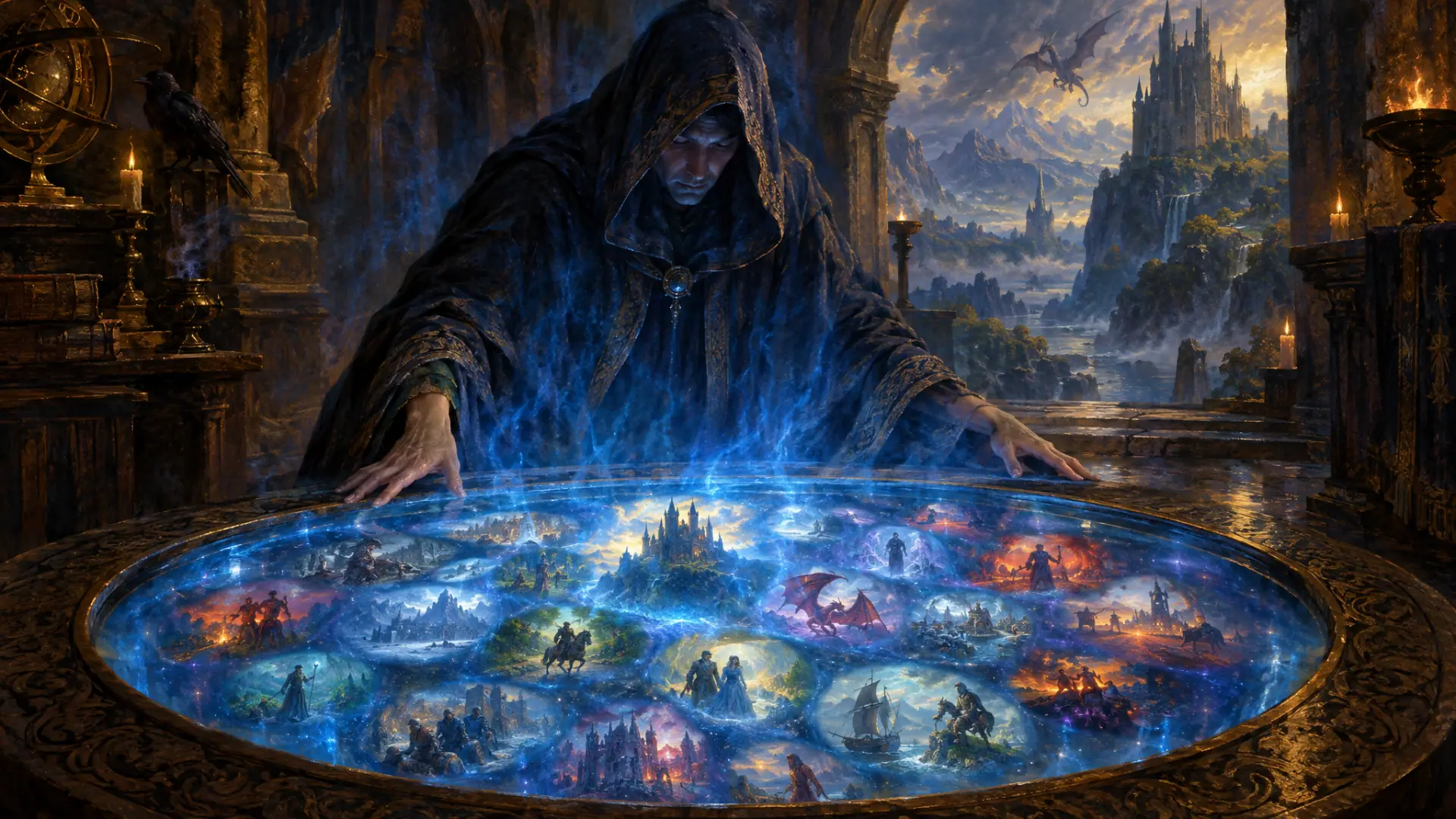 Painting: a hooded oracle kneeling at a round scrying pool that reflects countless tiny glowing scenes of fantasy stories, blue light rising.
