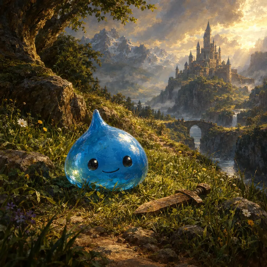 Painting: a cute glossy blue teardrop-shaped slime with a small smile on a grassy field path, a tiny adventurer's wooden sword in the grass nearby, painterly.
