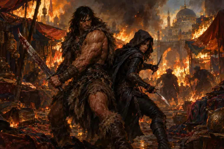 Painting: a barbarian and a rogue back to back in a burning bazaar, blades drawn, smoke and embers.