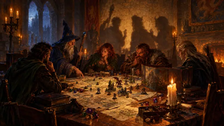 Painting: a great oak table in a candlelit stone hall covered in hand-drawn maps, painted miniatures, gemstone polyhedral dice.