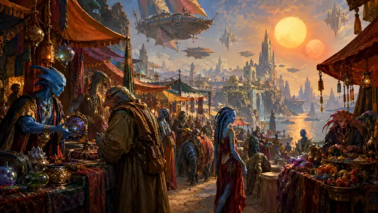 Painting: a bizarre, colorful fantasy bazaar with strange non-human peoples, blue-skinned merchants, twin suns and floating windships.