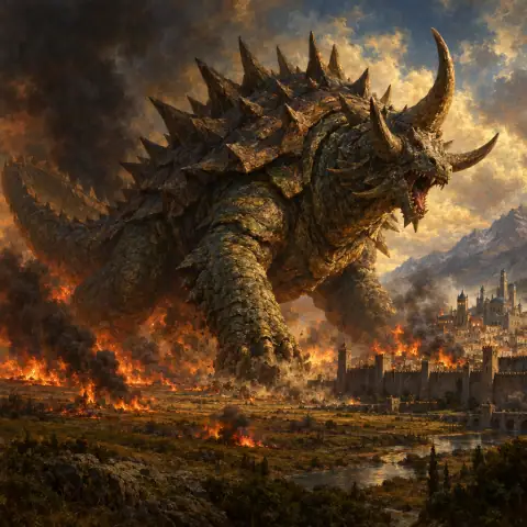 Painting: a colossal armored reptilian titan with a spiked carapace and horns, rampaging across a burning plain, a walled city tiny in comparison.