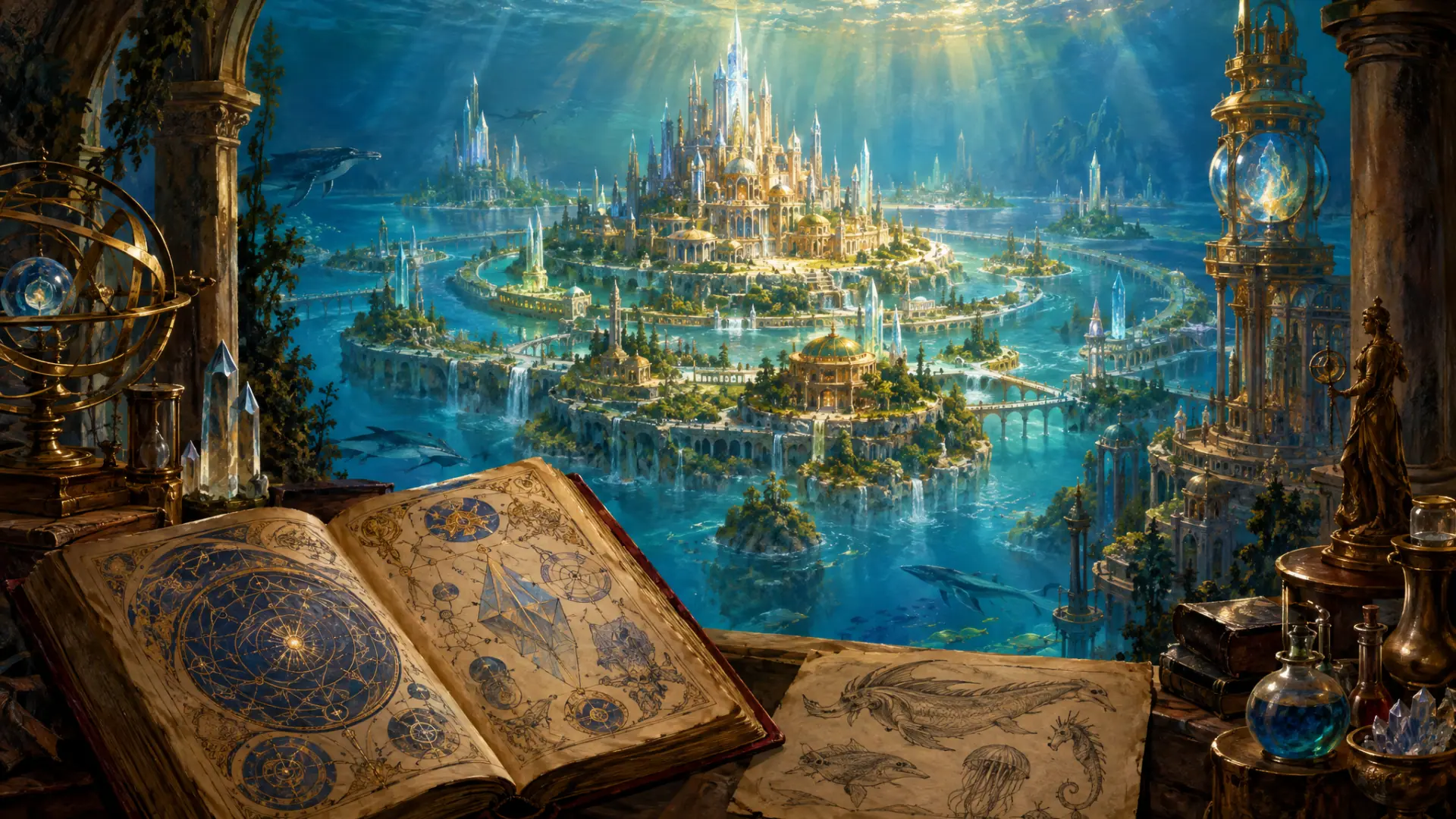 Painting: the drowned continent of Atlantis in its golden age: spired crystal cities on concentric islands, alchemists' towers.