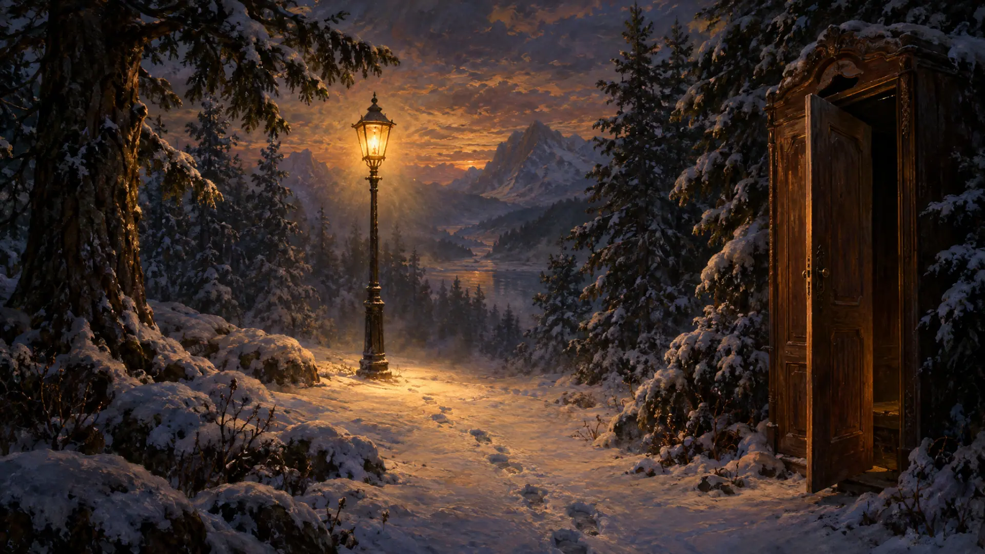 Painting: a lone iron lamppost glowing in a snowy pine forest at dusk, footprints leading to it, an old wooden wardrobe door ajar at the edge of the scene.