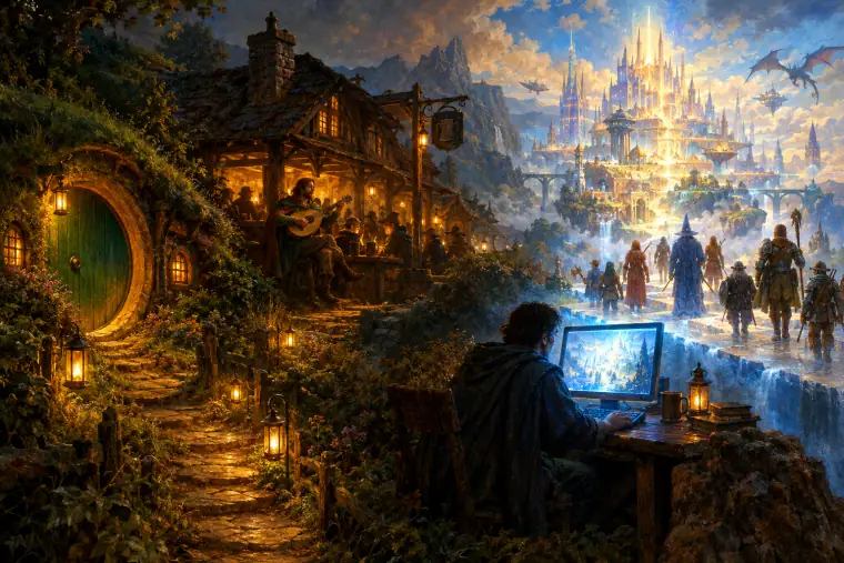 Painting: a lantern-lit path leading from a round green door in a hillside, past a bard playing a lute at a tavern.