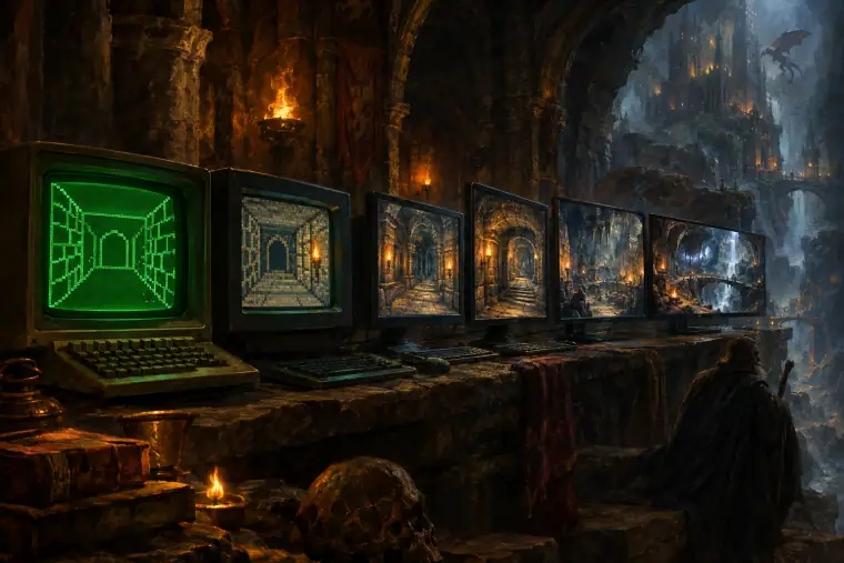 Painting: a row of glowing monitors from a green-screen terminal to modern screens, each showing an ever more detailed dungeon, receding into the dark.