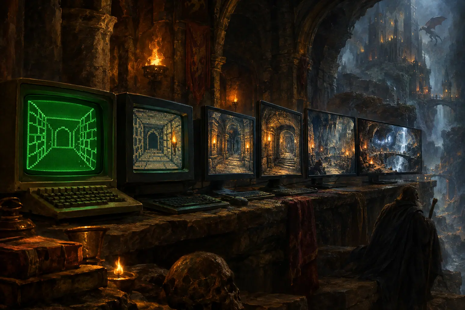 Painting: a row of glowing monitors from a green-screen terminal to modern screens, each showing an ever more detailed dungeon, receding into the dark.