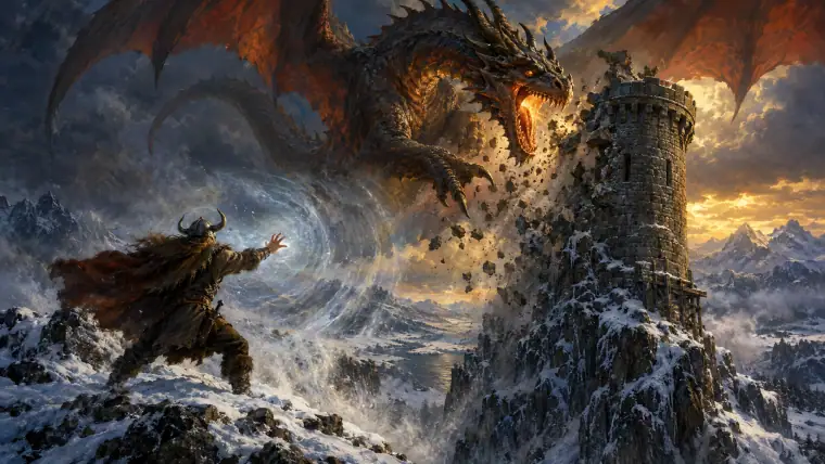 Painting: a great dragon attacking an ancient Nordic stone watchtower on a snowy tundra, a lone warrior with a horned helmet shouting a wave of force.