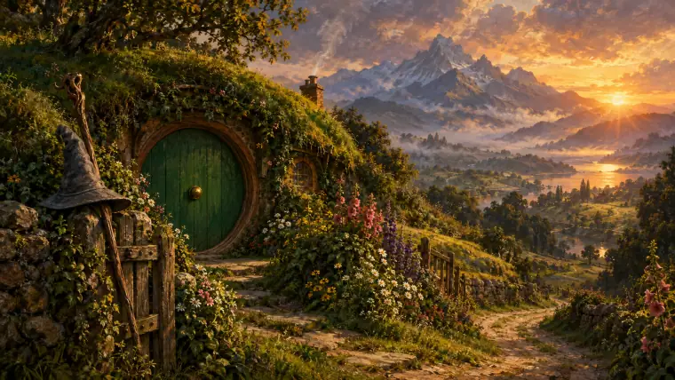 Painting: a round green door set into a grassy hillside burrow at golden hour, a brass knob in the center, flowers and a winding lane.