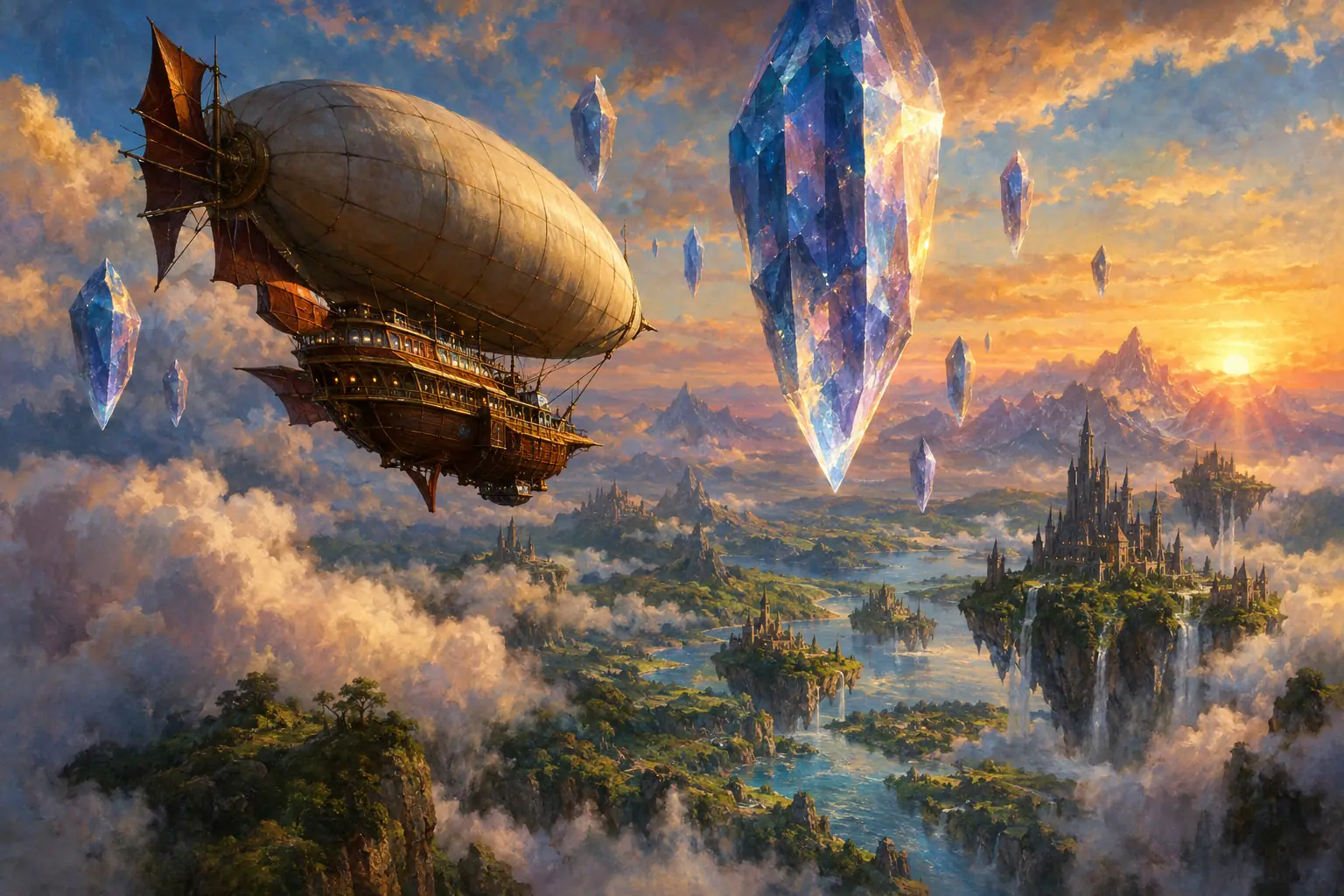 Painting: an airship sailing past floating crystals over a watercolor overworld at sunrise.