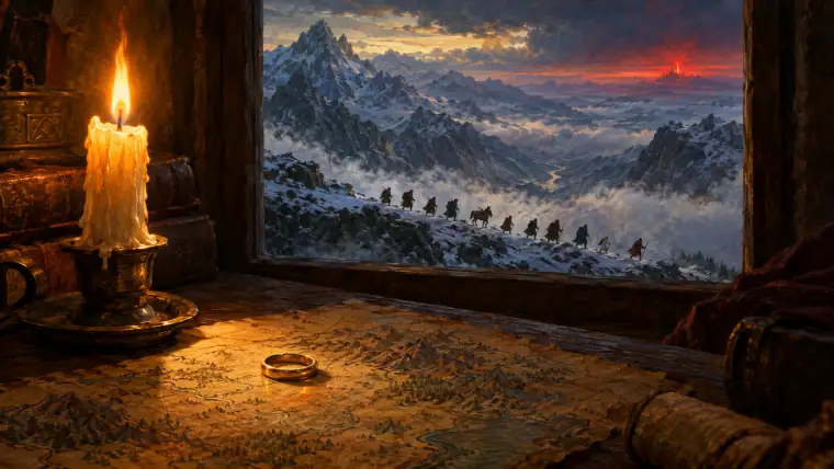 Painting: a single plain gold ring lying on an old hand-drawn map beside a candle, and beyond, through a window.