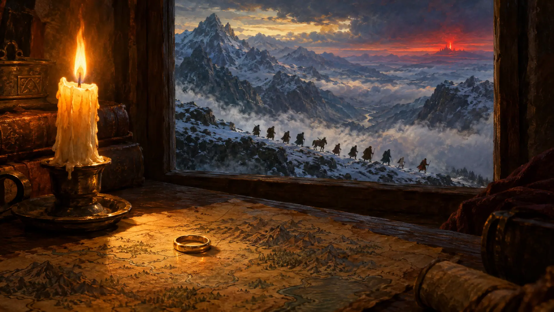 Painting: a single plain gold ring lying on an old hand-drawn map beside a candle, and beyond, through a window.