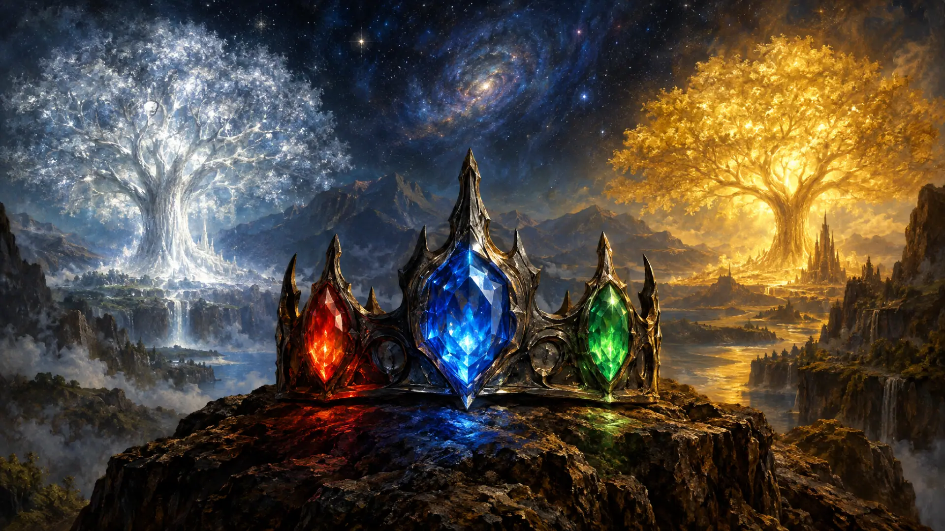 Painting: three radiant jewels glowing in a crown of iron against a starry primeval sky, two great luminous trees of silver and gold in the distance.
