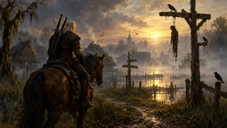 Painting: a white-haired monster hunter with two swords on his back riding a horse through a misty swamp village at dawn, a wooden crossroads gibbet, crows.