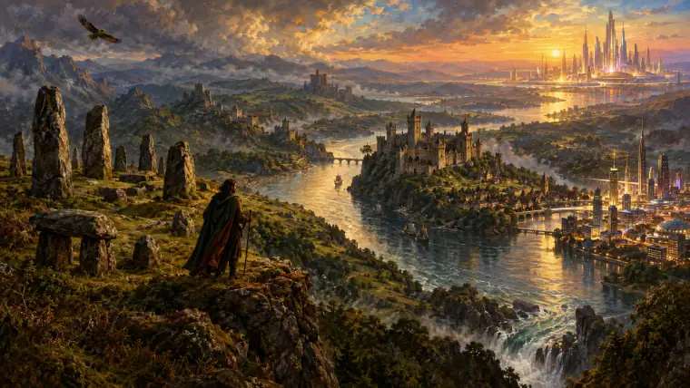 Painting: a great river of time seen from high above, flowing through a landscape that changes from standing stones to castles to glowing modern cities.
