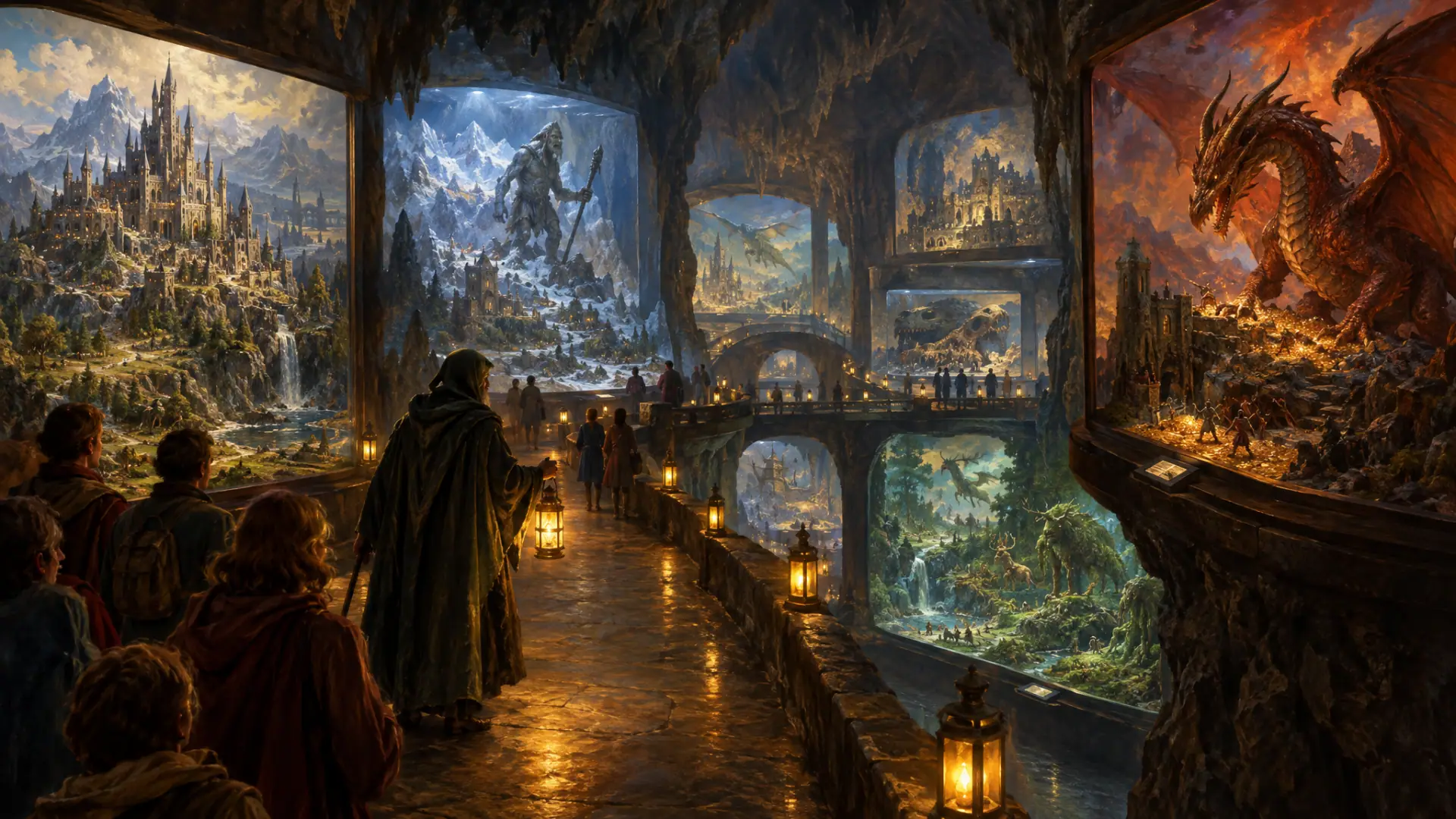 Painting: a lantern-lit winding path through a vast underground museum of fantasy dioramas, a hooded guide with a lantern leading visitors.