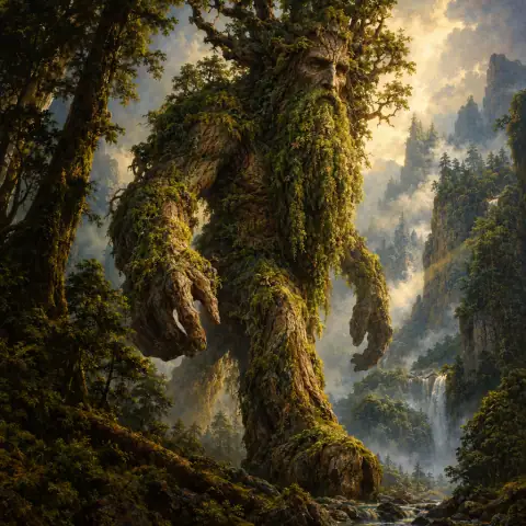 Painting: an ancient walking tree giant with a bark face and mossy beard striding through a primeval forest.