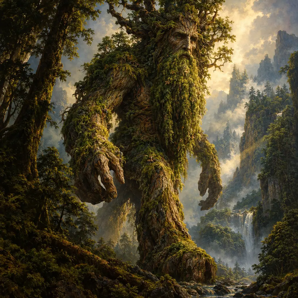 Painting: an ancient walking tree giant with a bark face and mossy beard striding through a primeval forest.