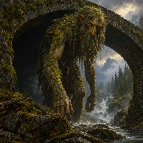 Painting: a towering gaunt moss-covered troll emerging from under a stone bridge in a rainy northern forest.