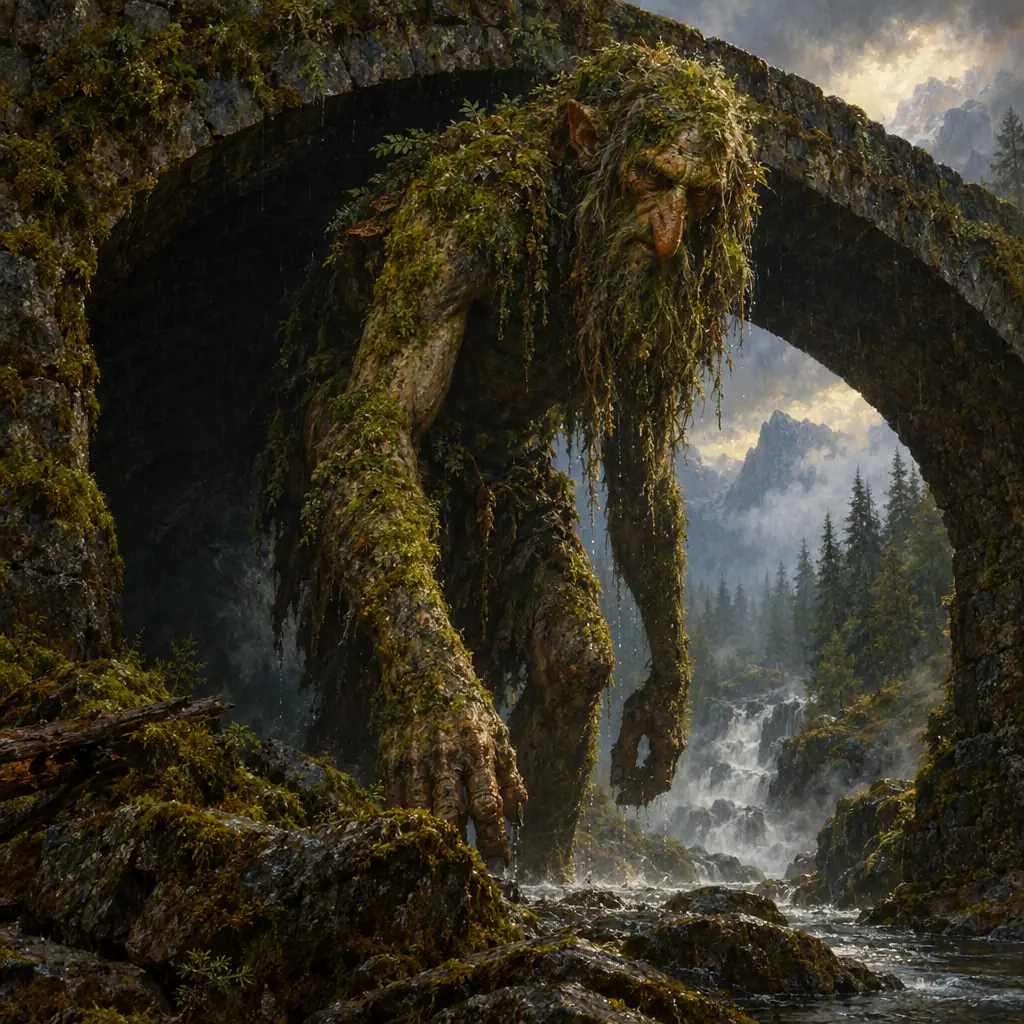 Painting: a towering gaunt moss-covered troll emerging from under a stone bridge in a rainy northern forest.