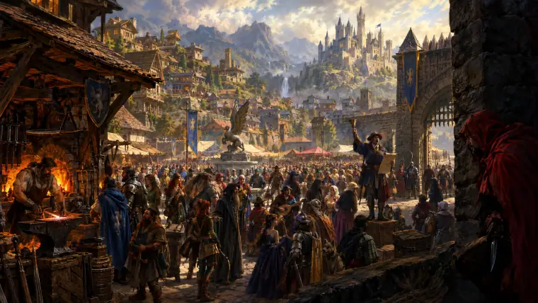 Painting: a bustling medieval fantasy town square crowded with hundreds of adventurers of every kind, player-built houses on the hills, a blacksmith's forge.