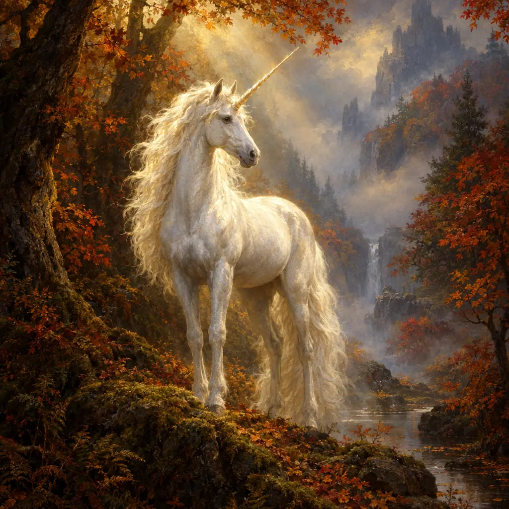 Painting: a luminous white unicorn standing in a misty autumn forest glade.