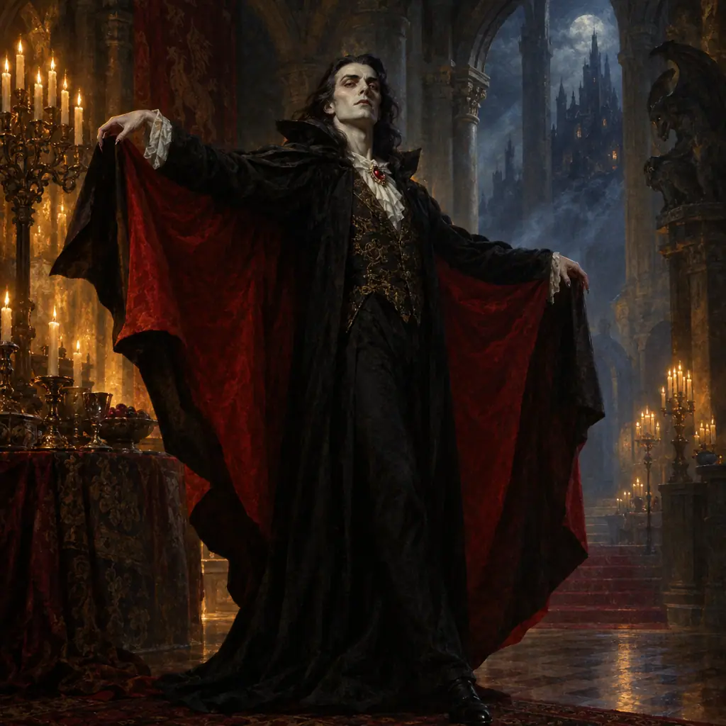 Painting: a pale aristocratic vampire in a candlelit gothic castle hall, cloak spread like wings.