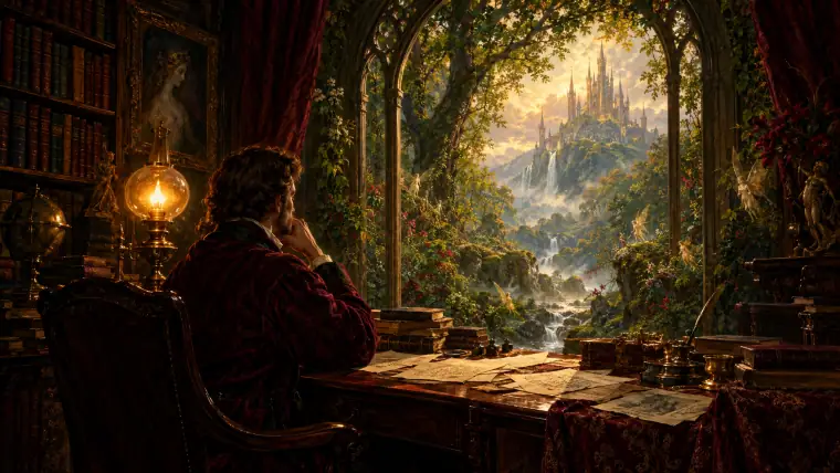 Painting: a Victorian writer's study lit by gaslamp, a mahogany desk strewn with manuscripts.