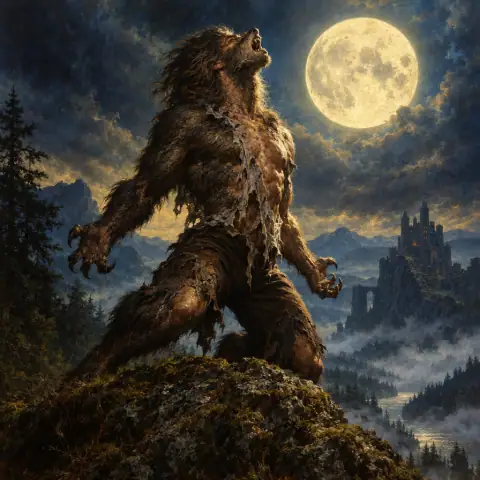 Painting: a werewolf mid-transformation howling on a hill under a full moon.